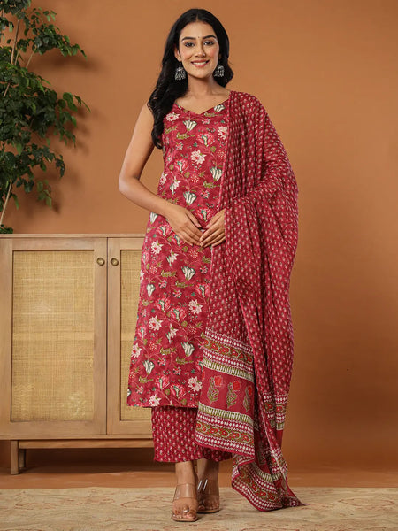 Yufta Burgundy Cotton Sleeveless Kurta Dupatta Set