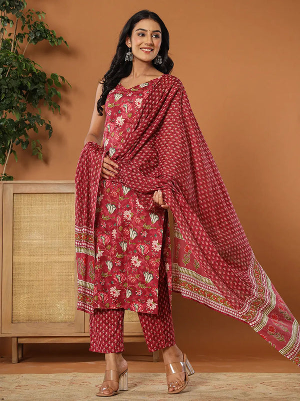 Yufta Burgundy Cotton Sleeveless Kurta Dupatta Set