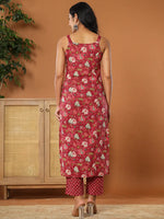 Thumbnail for Yufta Burgundy Cotton Sleeveless Kurta Dupatta Set