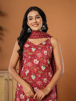 Thumbnail for Yufta Burgundy Cotton Sleeveless Kurta Dupatta Set