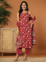 Thumbnail for Yufta Burgundy Cotton Sleeveless Kurta Dupatta Set