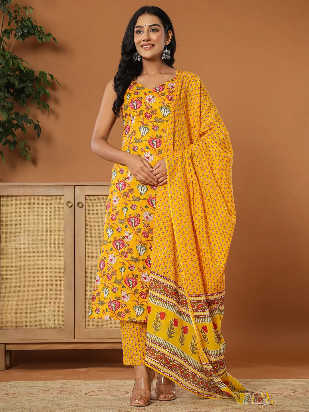 Yufta Mustard Cotton Sleeveless Kurta Dupatta Set - Distacart