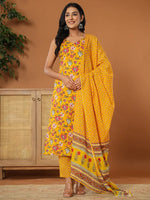 Thumbnail for Yufta Mustard Cotton Sleeveless Kurta Dupatta Set