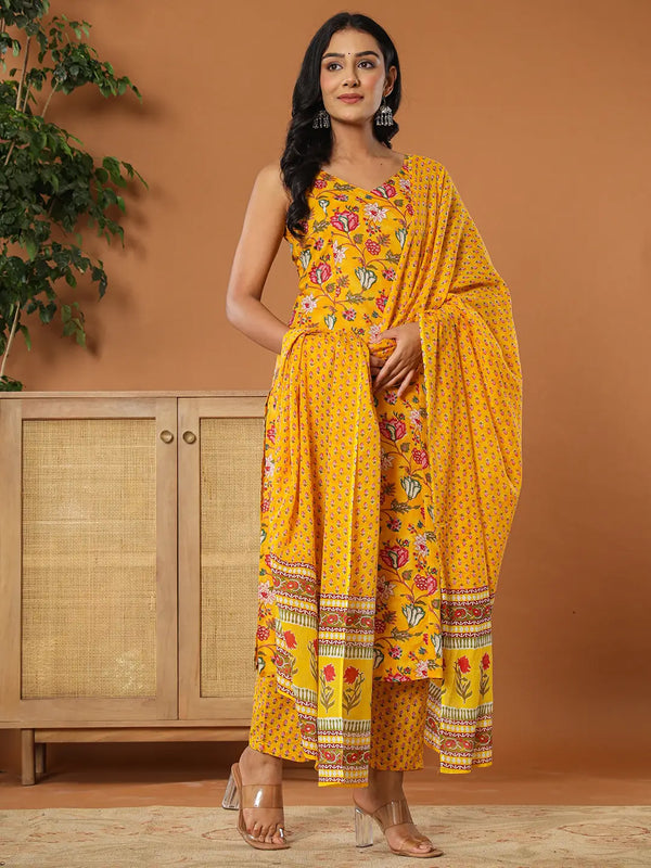 Yufta Mustard Cotton Sleeveless Kurta Dupatta Set