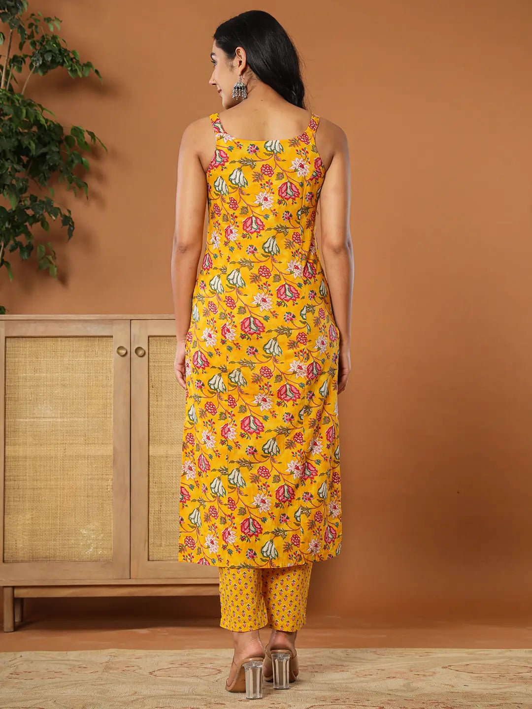 Yufta Mustard Cotton Sleeveless Kurta Dupatta Set