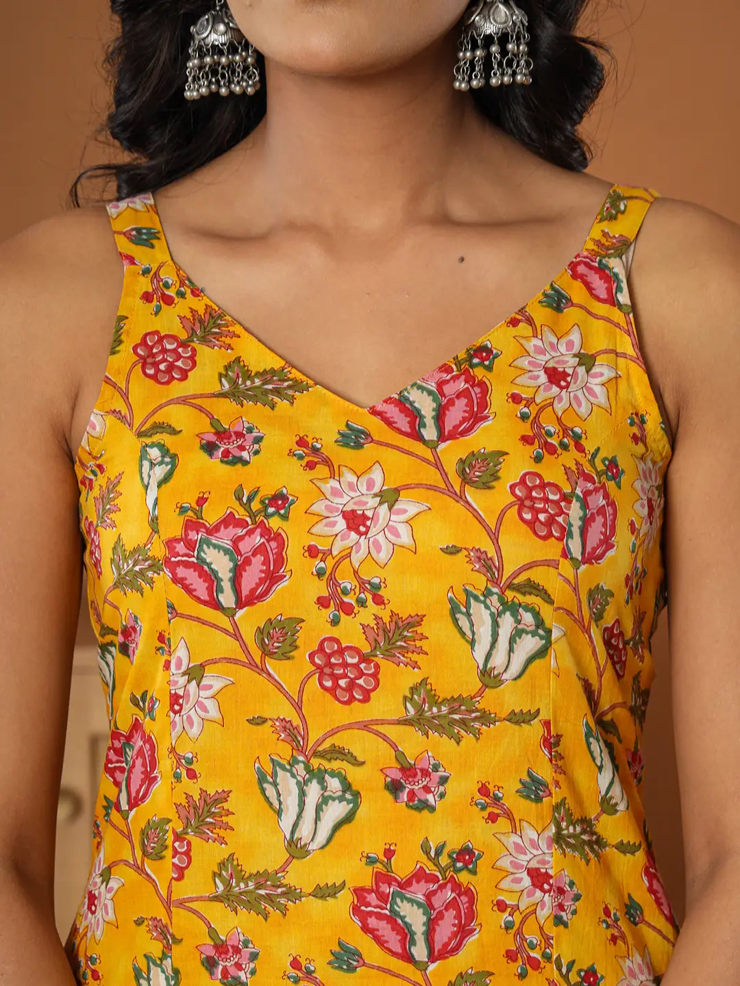 Yufta Mustard Cotton Sleeveless Kurta Dupatta Set