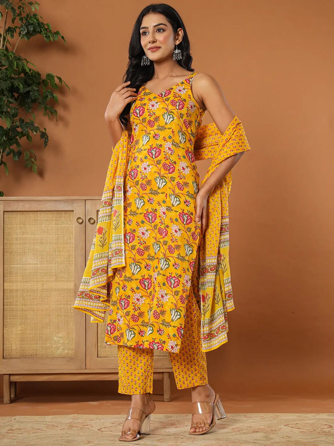 Yufta Mustard Cotton Sleeveless Kurta Dupatta Set