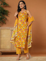 Thumbnail for Yufta Mustard Cotton Sleeveless Kurta Dupatta Set
