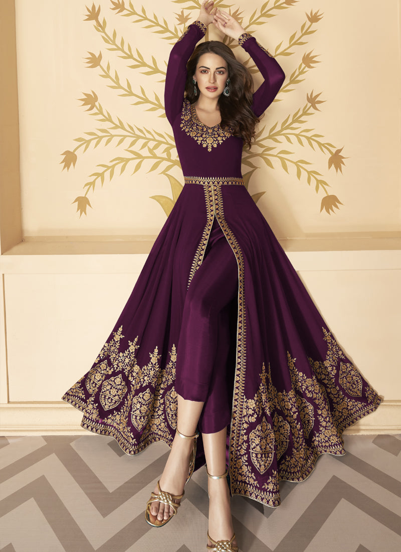 Vegaa Fashion Wine Georgette Embroidered Anarkali Suit - Distacart