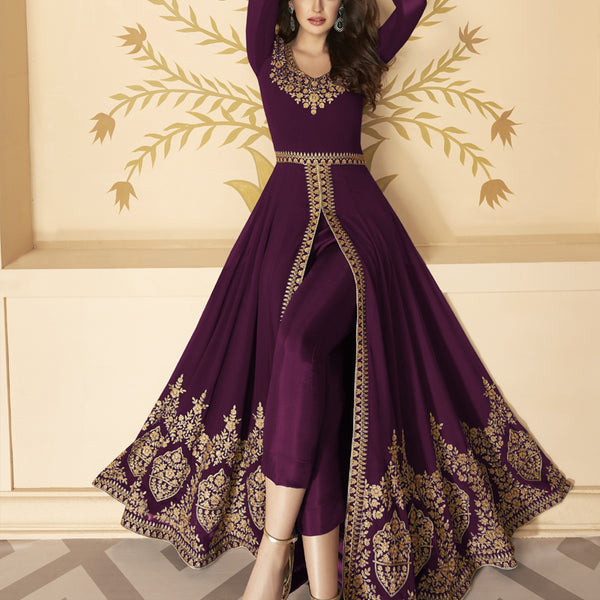 Vegaa Fashion Wine Georgette Embroidered Anarkali Suit - Distacart