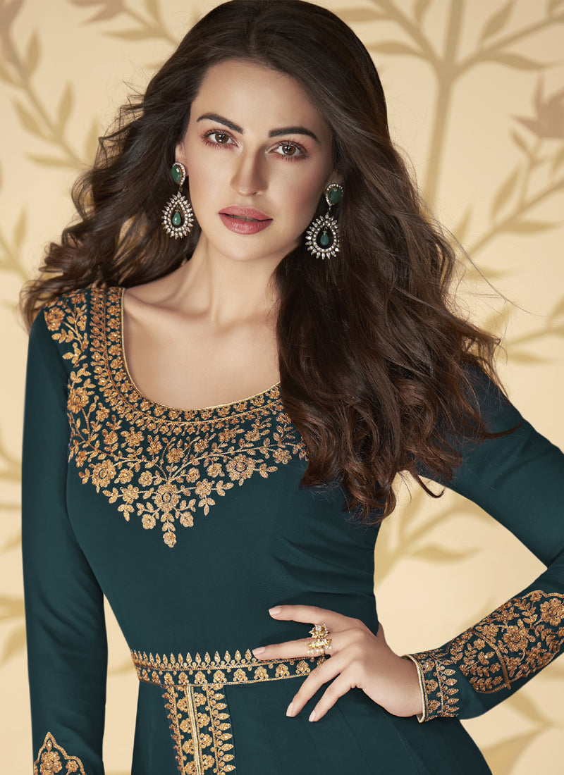 Vegaa Fashion Teal Blue Georgette Embroidered Anarkali Suit - Distacart