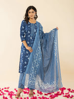 Thumbnail for Yufta Blue Cotton Sequins_Work Straight Kurta Dupatta Set - Distacart