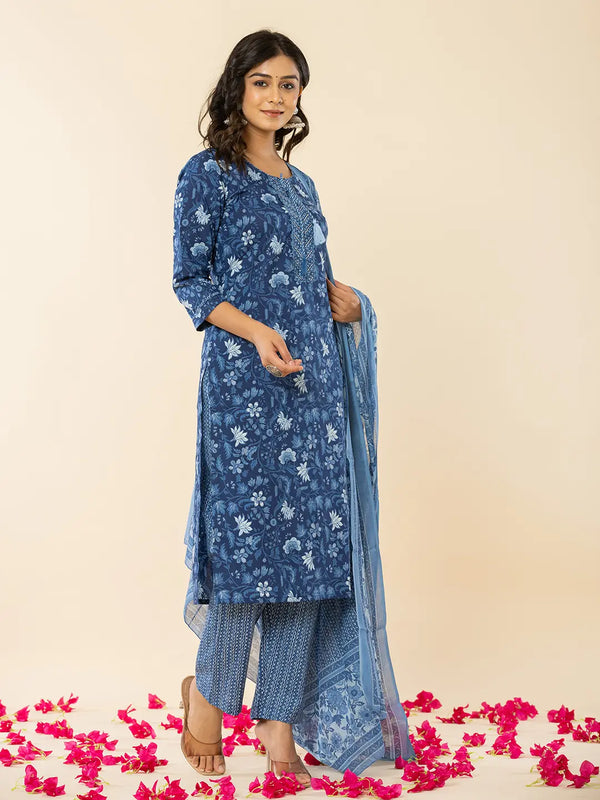 Yufta Blue Cotton Sequins_Work Straight Kurta Dupatta Set - Distacart