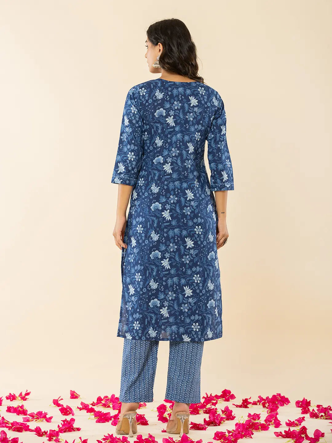 Yufta Blue Cotton Sequins_Work Straight Kurta Dupatta Set - Distacart