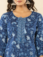 Thumbnail for Yufta Blue Cotton Sequins_Work Straight Kurta Dupatta Set - Distacart