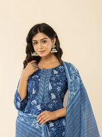 Thumbnail for Yufta Blue Cotton Sequins_Work Straight Kurta Dupatta Set - Distacart