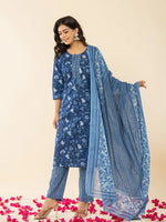 Thumbnail for Yufta Blue Cotton Sequins_Work Straight Kurta Dupatta Set - Distacart