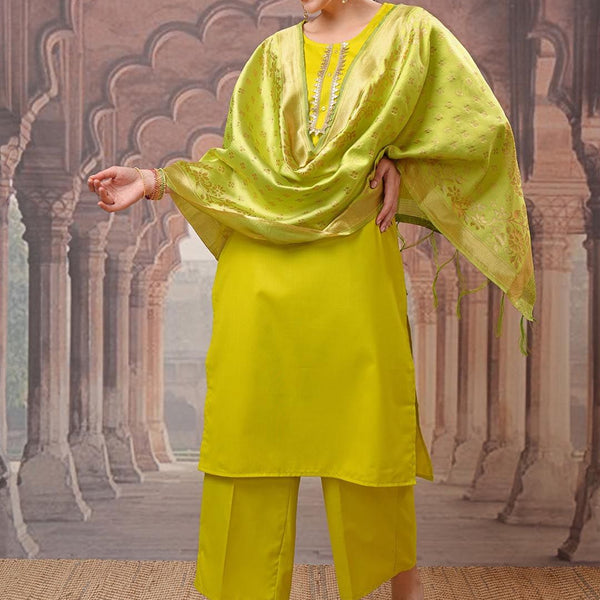 Vishudh Lime Green Gotta Patti Straight Kurta with Palazzo & Dupatta - Distacart