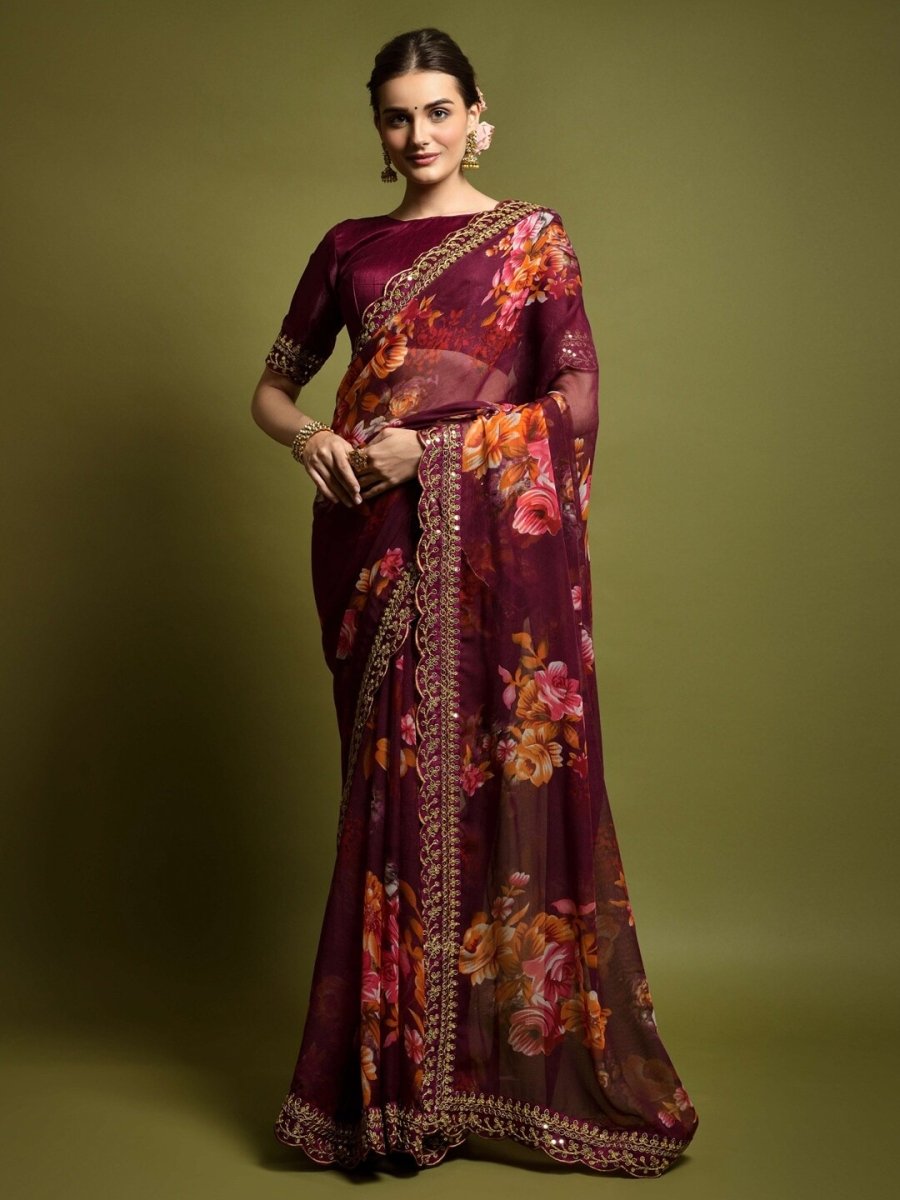 Anouk Magenta & Orange Floral Printed Sequined Pure Georgette Saree - Distacart