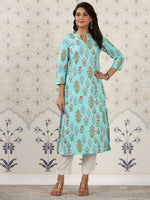 Thumbnail for Ode by House of Pataudi Floral Printed Mandarin Collar Pure Cotton Kurta - Distacart