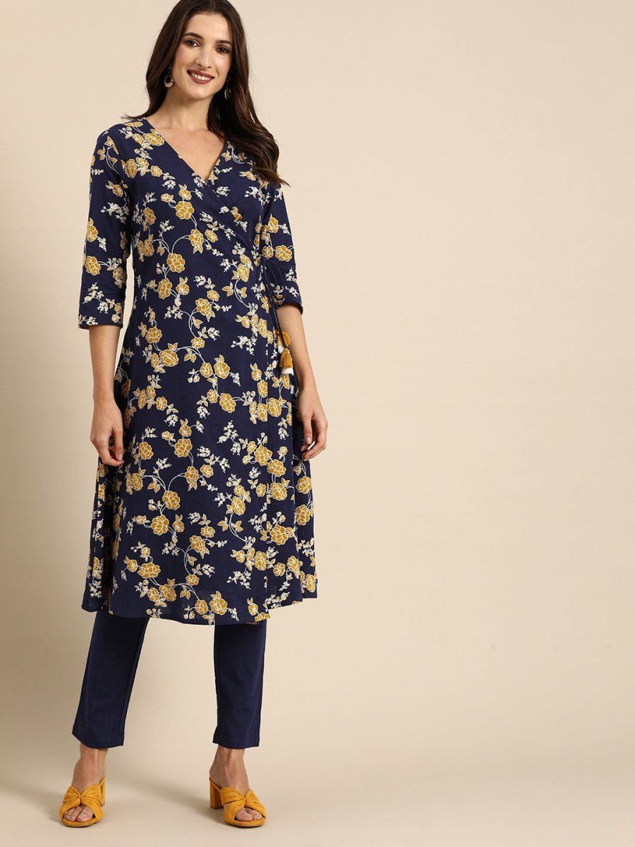 All About You Women Navy Blue Floral Printed Angrakha Pure Cotton Kurta with Trousers - Distacart