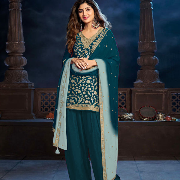 Anaita Teal Silk Farshi Salwar Suit With Codding Dori & Sequence Work - Distacart