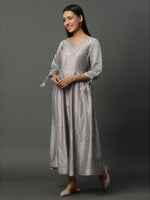Thumbnail for AURELIA Floral Embroidered Round Neck Sequinned Fit & Flare Maxi Ethnic Dress