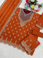 Thumbnail for Anaita Orange Chinon Suit With Embroidered Sequins & Mirror Work - Distacart
