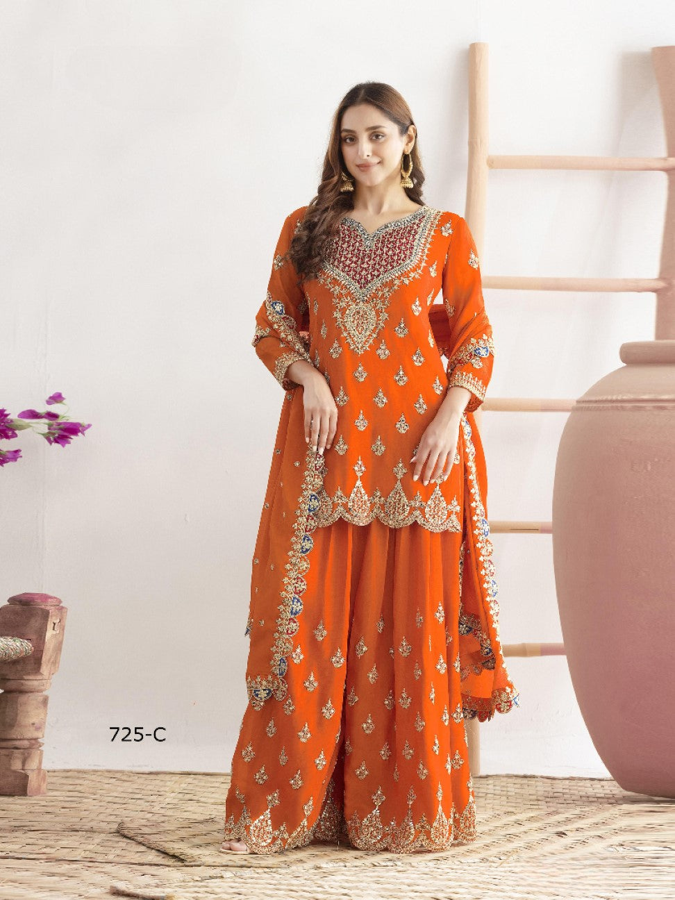 Anaita Orange Chinon Suit With Embroidered Sequins & Mirror Work - Distacart