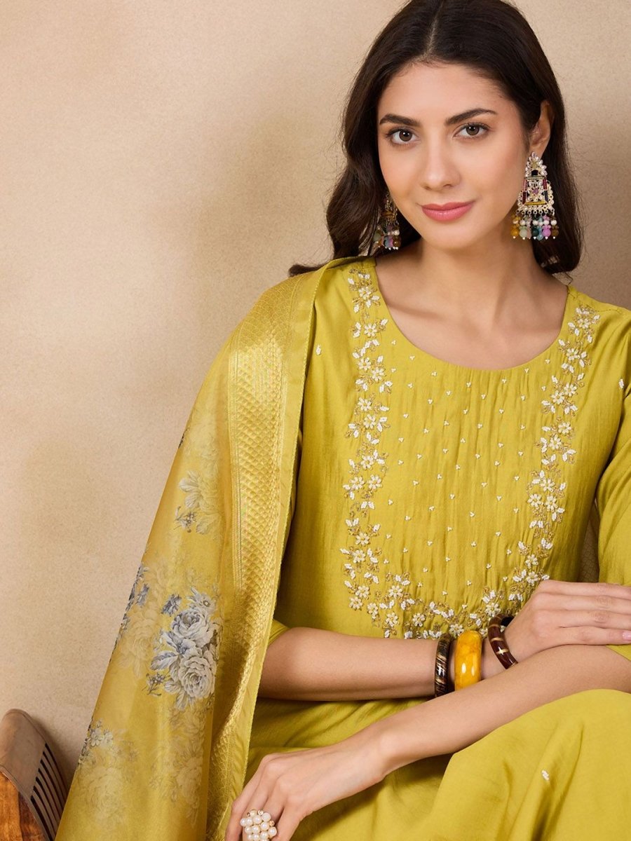 Anouk Yellow Floral Yoke Design Thread Work Chanderi Silk Kurta With Trousers & Dupatta - Distacart