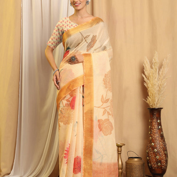 Shivam Fabrics Beige Chanderi Fabric Printed Saree