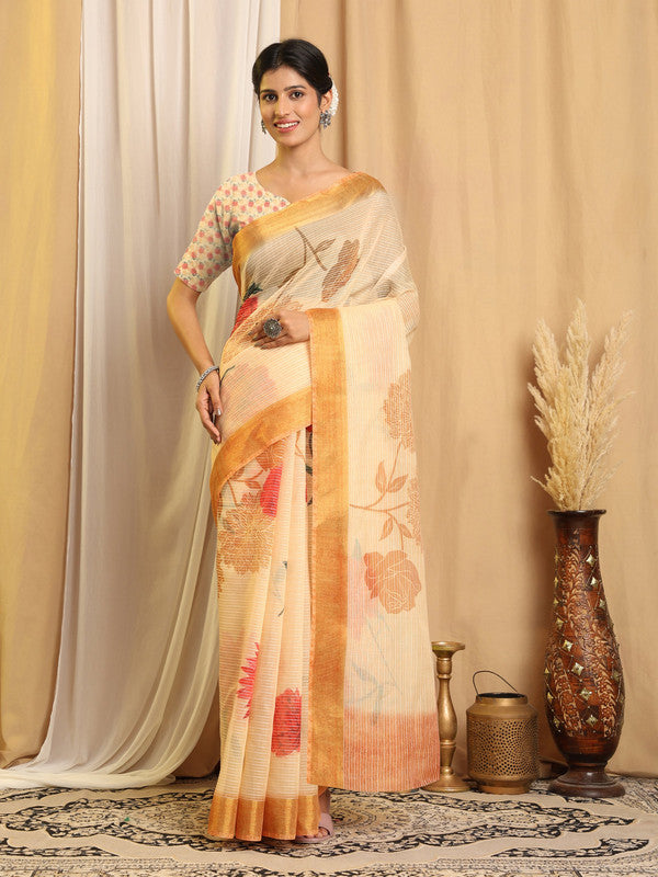 Shivam Fabrics Beige Chanderi Fabric Printed Saree - Distacart