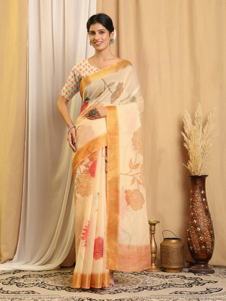 Shivam Fabrics Beige Chanderi Fabric Printed Saree
