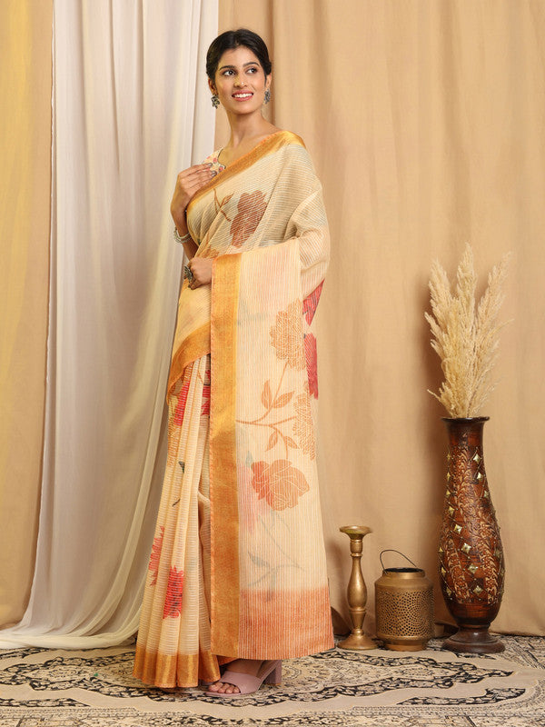 Shivam Fabrics Beige Chanderi Fabric Printed Saree