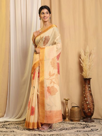 Shivam Fabrics Beige Chanderi Fabric Printed Saree - Distacart