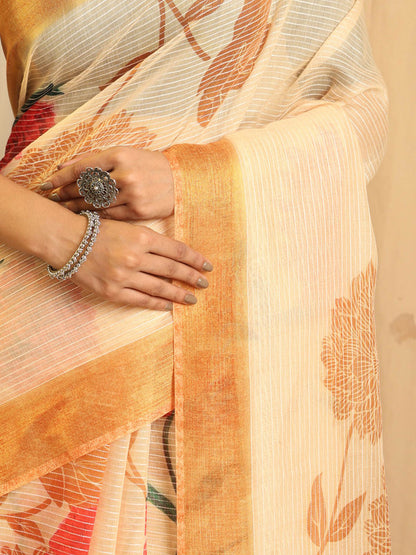 Shivam Fabrics Beige Chanderi Fabric Printed Saree - Distacart