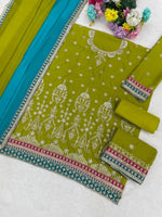 Thumbnail for Anaita Green Chinon Suit With Embroidered Sequins & Mirror Work - Distacart