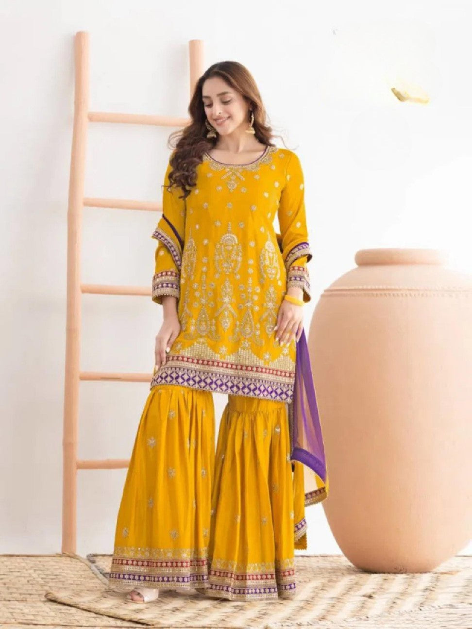 Anaita Yellow Chinon Suit With Embroidered Sequins & Mirror Work - Distacart