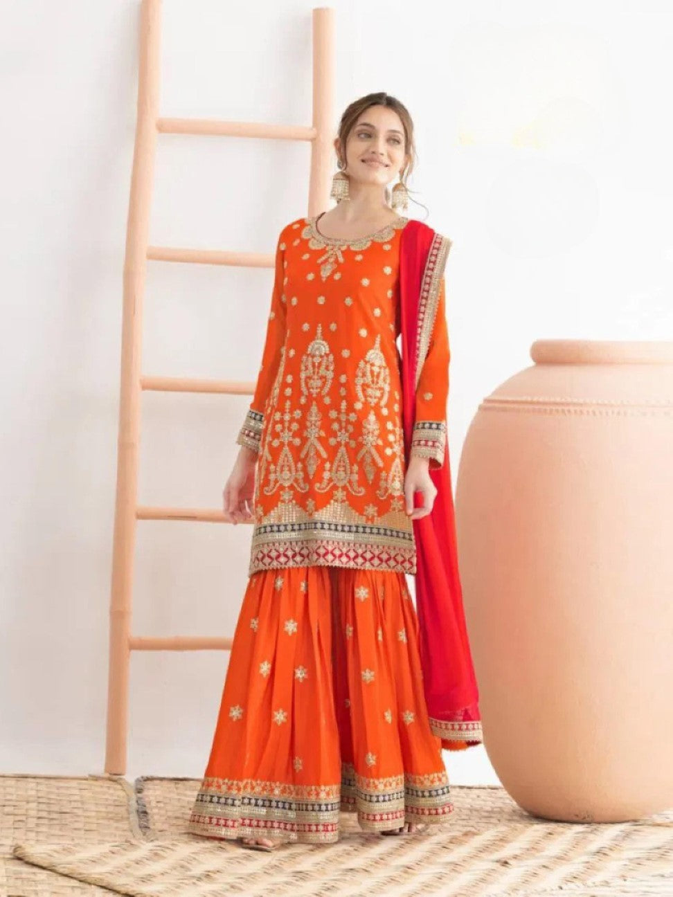 Anaita Orange Chinon Suit With Embroidered Sequins & Mirror Work - Distacart