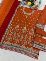 Thumbnail for Anaita Orange Chinon Suit With Embroidered Sequins & Mirror Work - Distacart