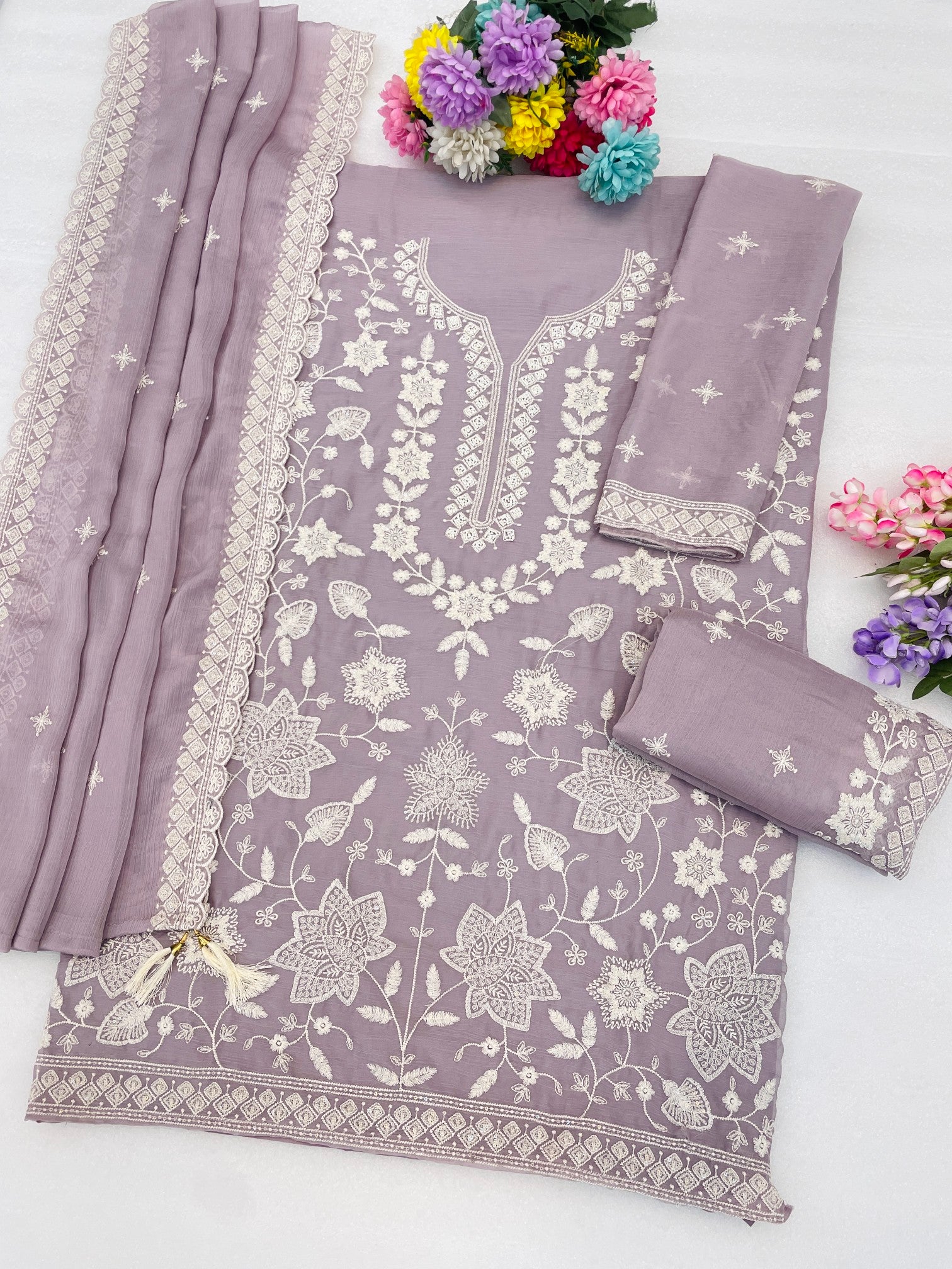 Anaita Lavender Chiffon Semi Stitched Suit with Embroidery Thread & Khatli Work - Dista