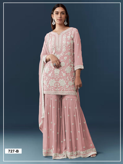 Anaita Peach Chiffon Semi Stitched Suit with Embroidery Thread & Khatli Work - Dista