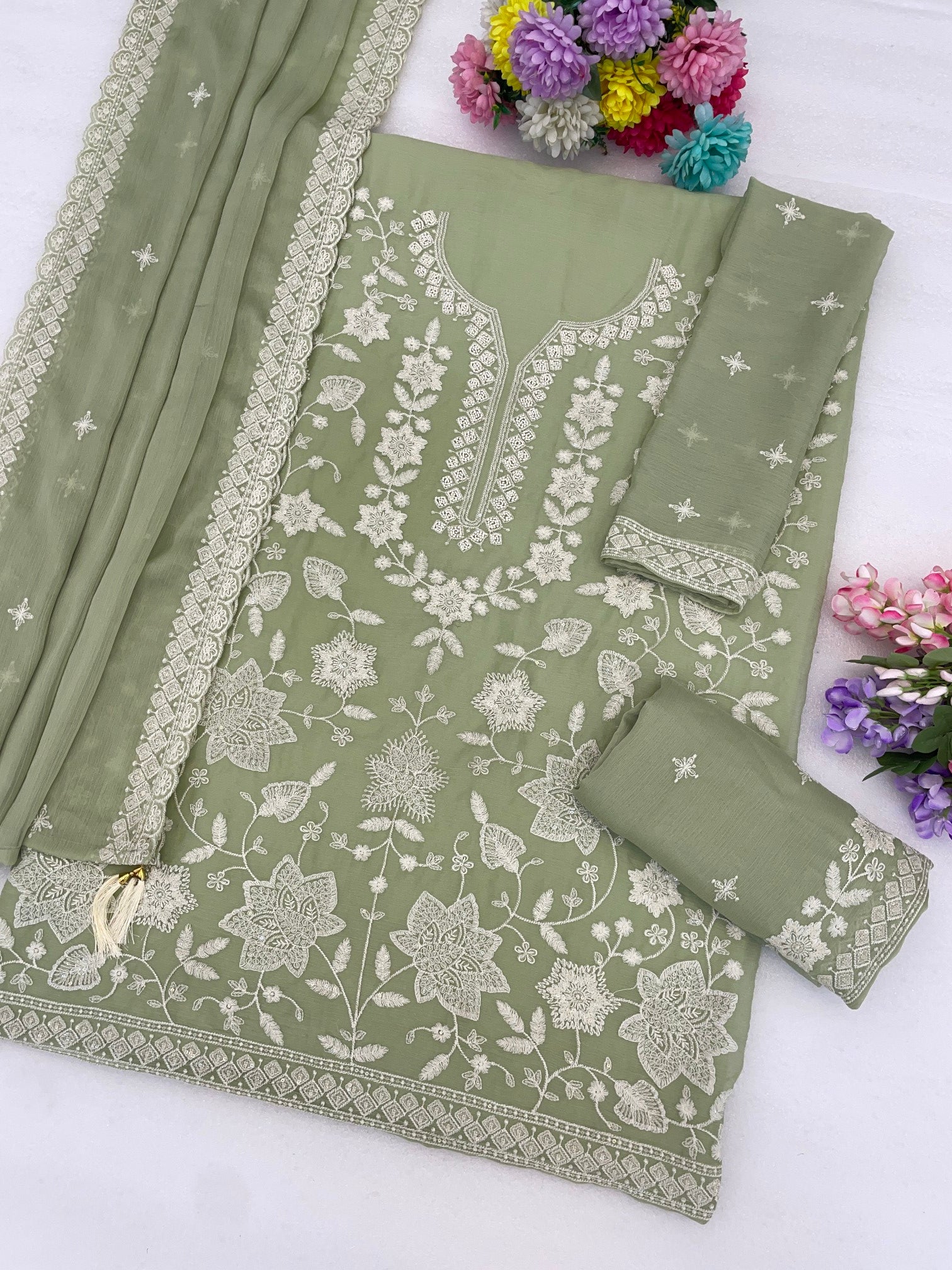 Anaita Green Chiffon Semi Stitched Suit with Embroidery Thread & Khatli Work - Dista