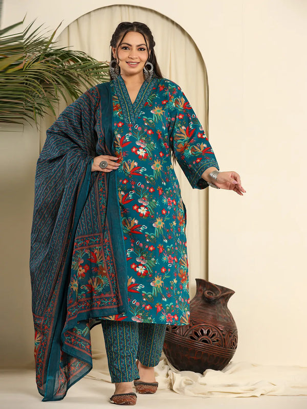 Yufta Navy Blue Pure Cotton Sequins_Work Kurta Dupatta Pant Set With Handwork