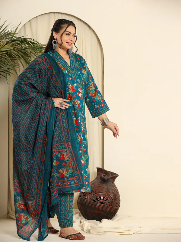 Yufta Navy Blue Pure Cotton Sequins_Work Kurta Dupatta Pant Set With Handwork