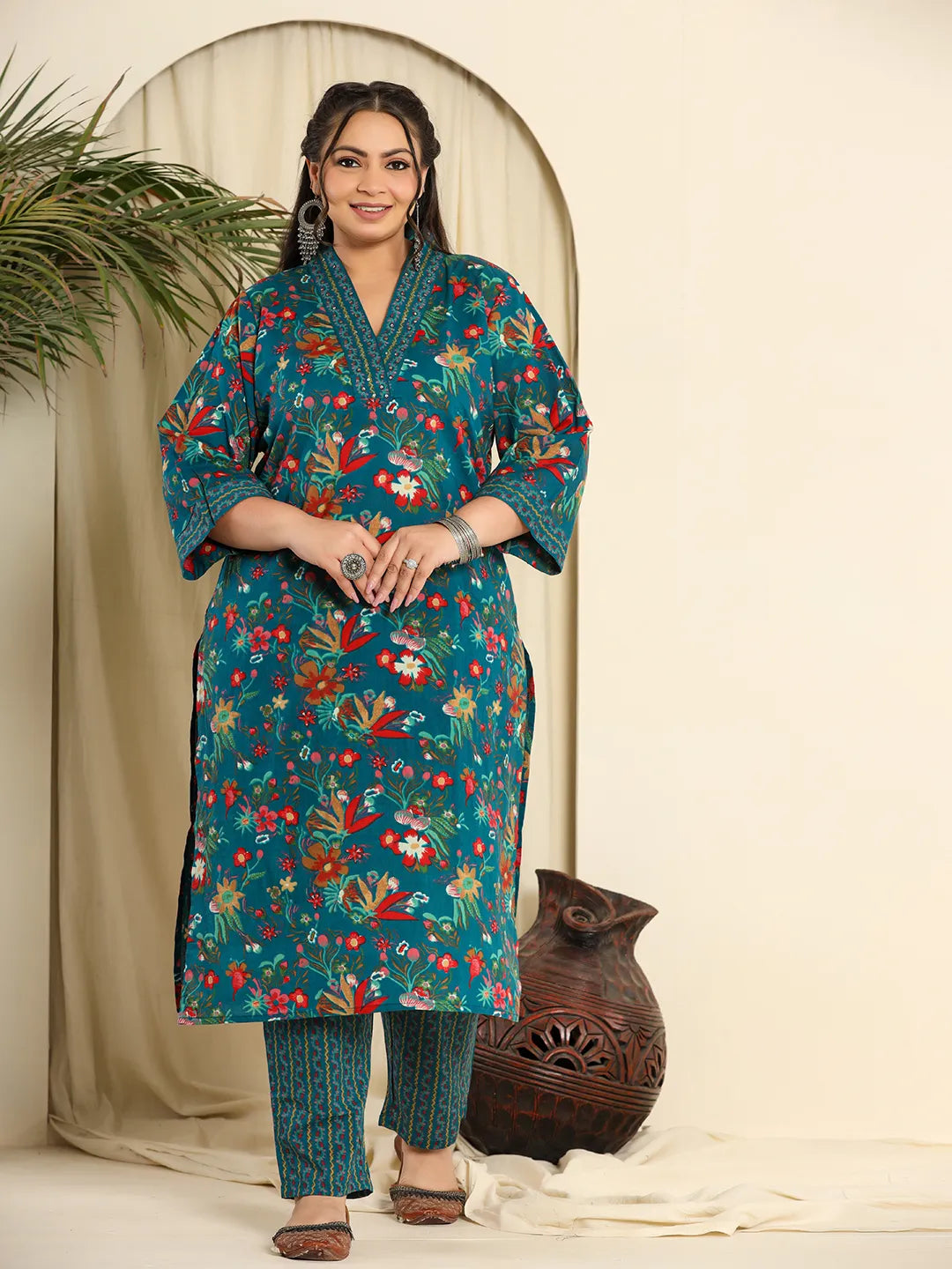 Yufta Navy Blue Pure Cotton Sequins_Work Kurta Dupatta Pant Set With Handwork