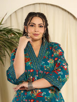 Thumbnail for Yufta Navy Blue Pure Cotton Sequins_Work Kurta Dupatta Pant Set With Handwork