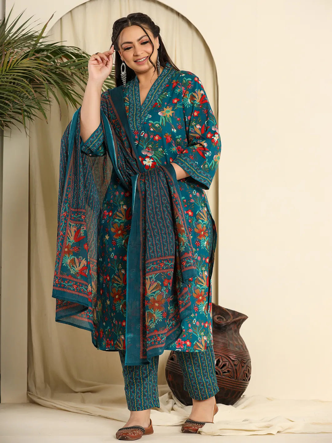 Yufta Navy Blue Pure Cotton Sequins_Work Kurta Dupatta Pant Set With Handwork