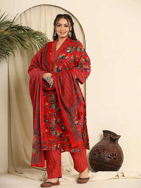 Yufta Red Pure Cotton Sequins_Work Kurta Dupatta Pant Set With Handwork