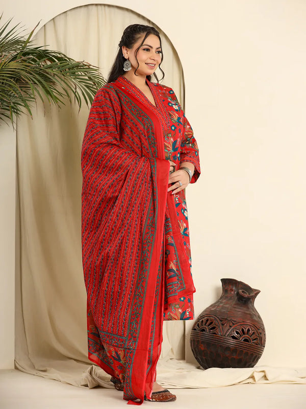 Yufta Red Pure Cotton Sequins_Work Kurta Dupatta Pant Set With Handwork